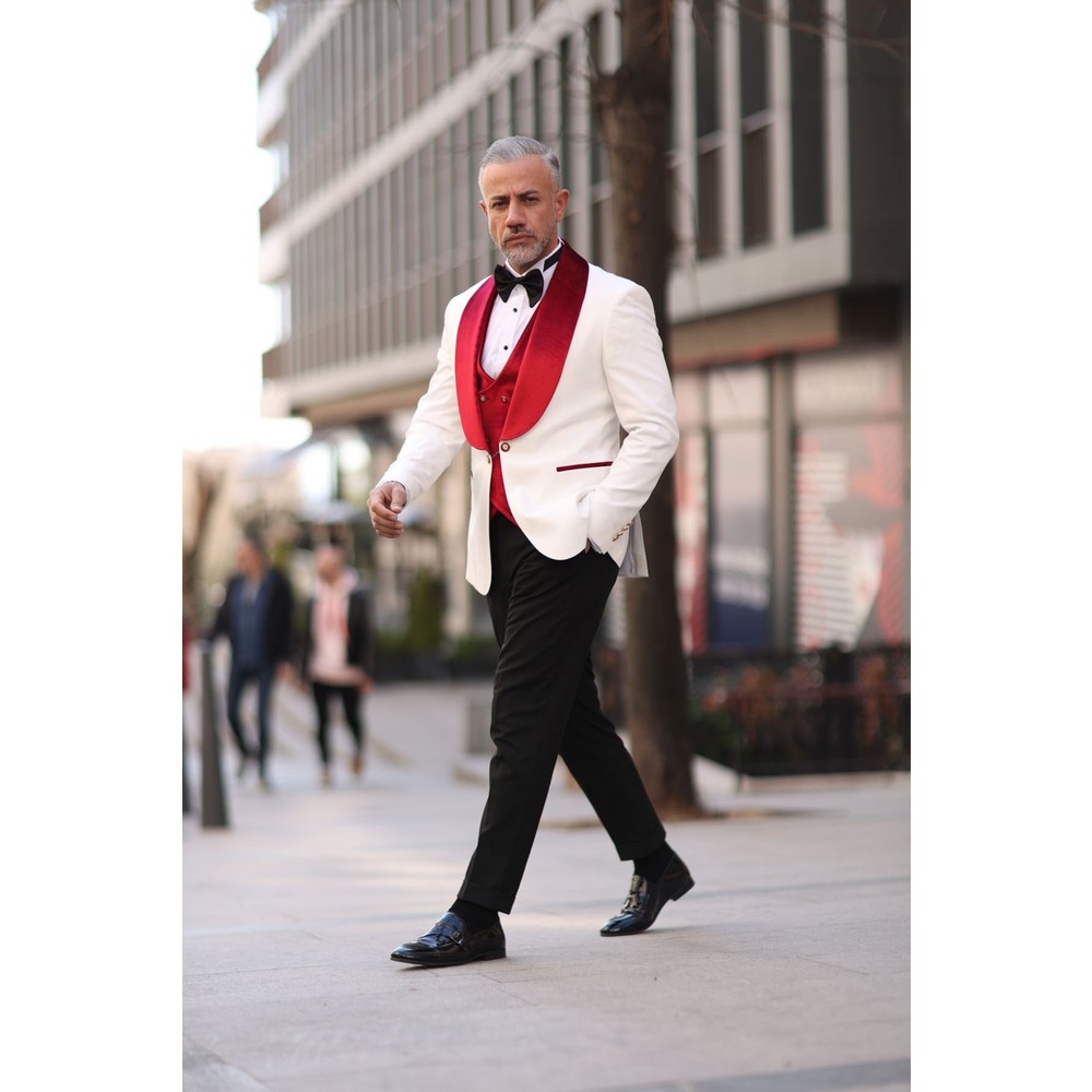 Red White Men Wedding Tuxedos  - Men Formal Wear Modern 评论和价格